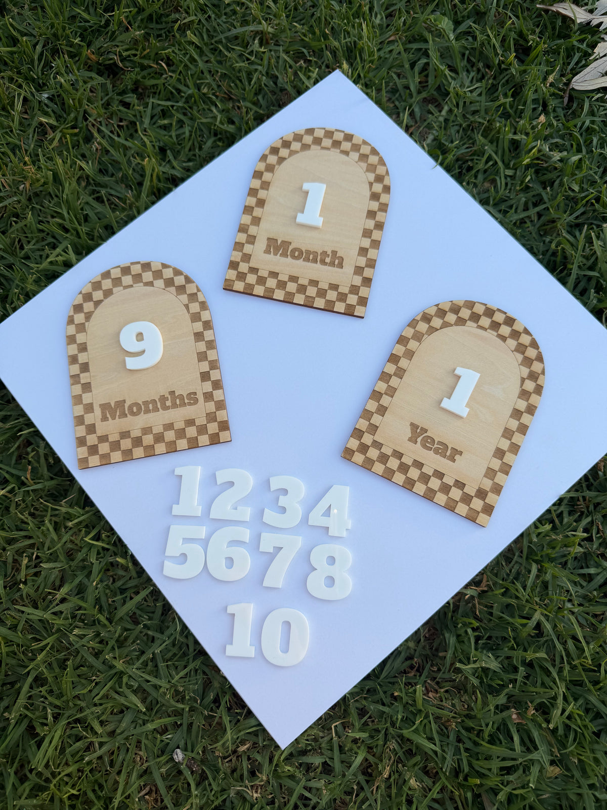Wooden Checkered Monthly Milestone Plaques